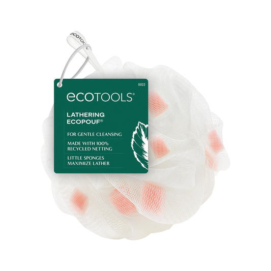 EcoTools Lathering EcoPouf 6 Pack, Loofah Infused with Mini Sponges, Provides Rich Lather, Recycled Netting, Gentle Exfoliation in Bath Or Shower, Pouf Removes Dead Skin, Cruelty-Free