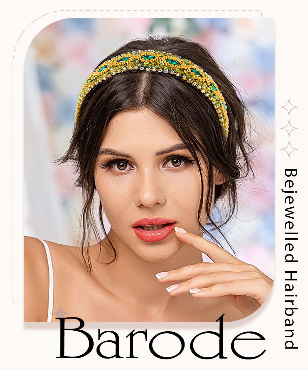 Barode Rhinestone Headbands Colorful Glitter Crystal Wide Headband Bejewelled Hairband Shell Pearl Bling Hair Accessories for Women (R)