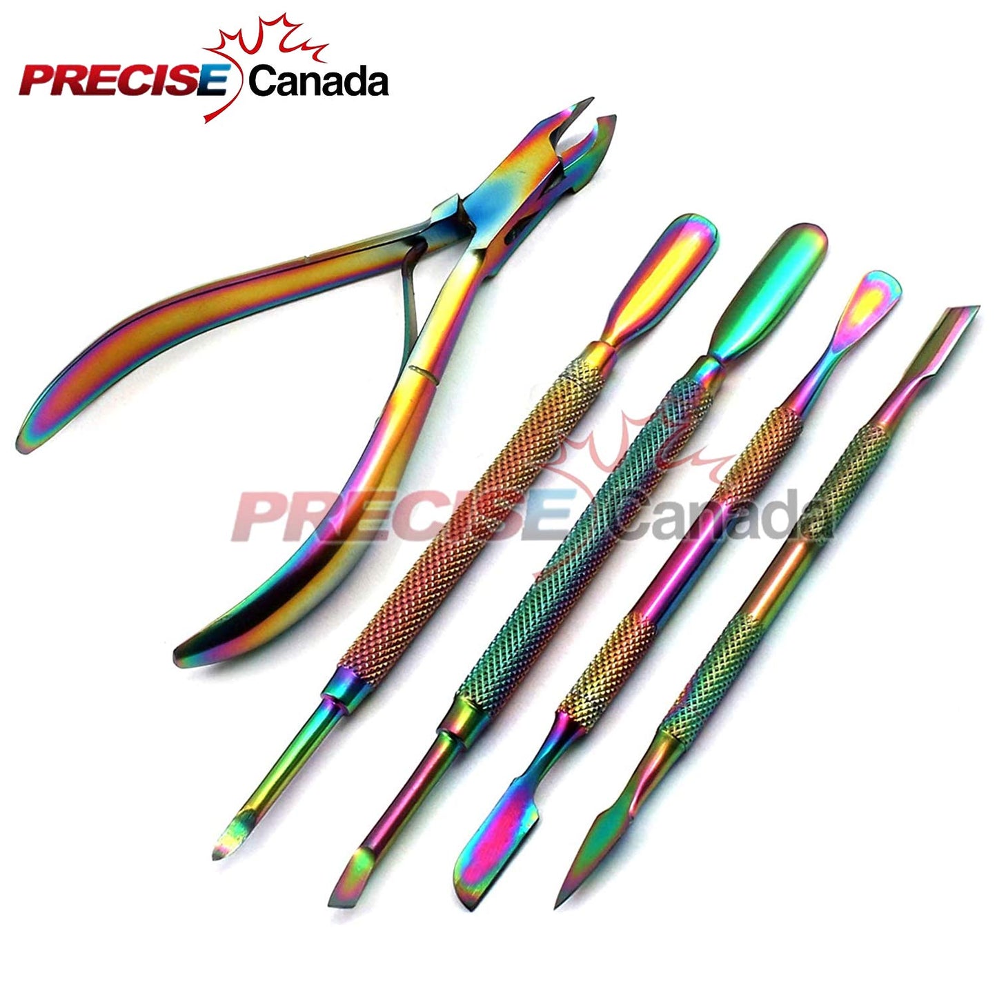 PRECISE CANADA: CUTICLE PUSHER REMOVER WITH NIPPER RAINBOW STAINLESS STEEL MANICURE NAIL ART TOOL SET