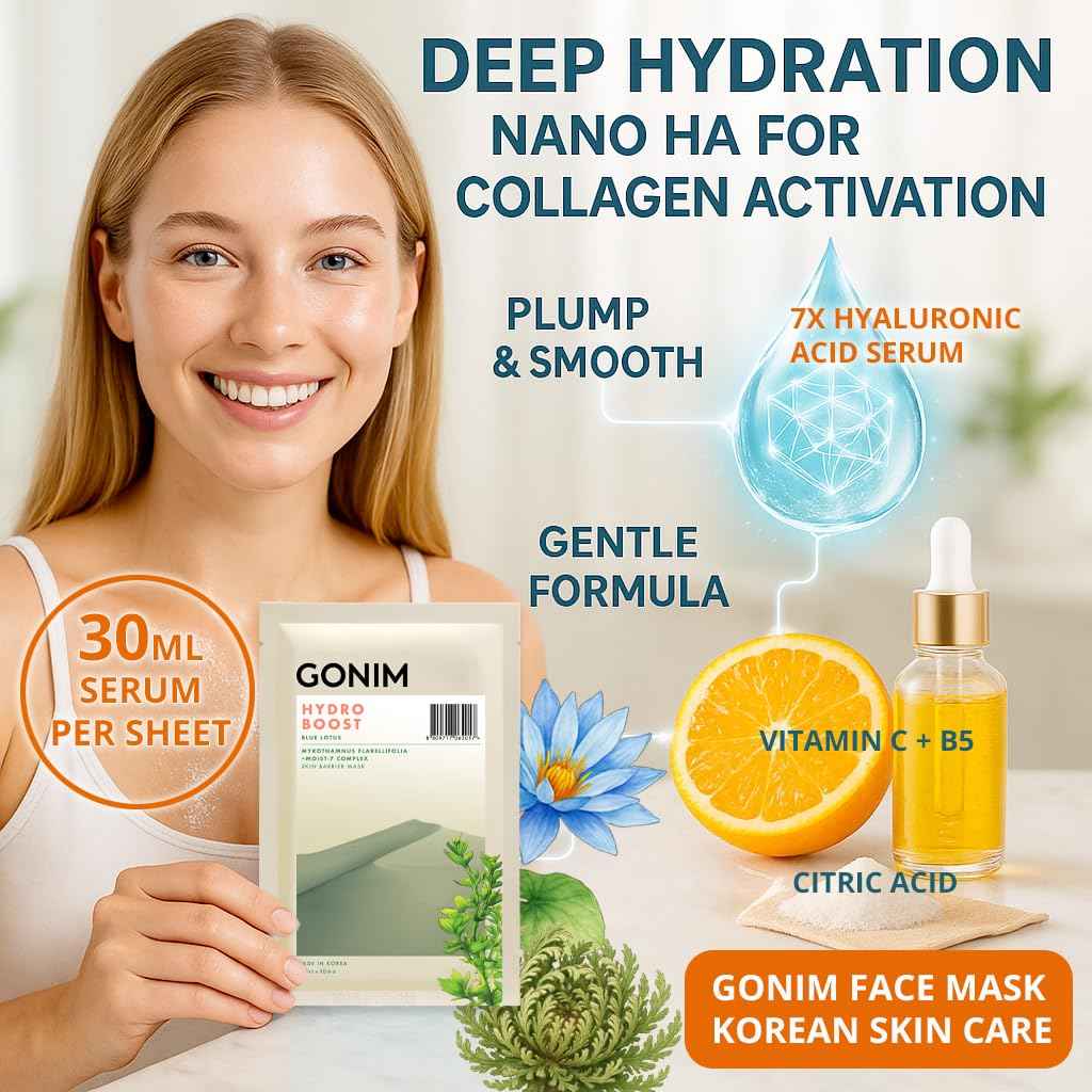 GONIM Face Mask Korean Skin Care with Hyaluronic Acid Serum, Collagen Activation, Vitamin C-Face Masks Skincare Hydration, Moisturizing Sheet Mask, Travel Essentials, Korean Face Mask 30ml x10pcs