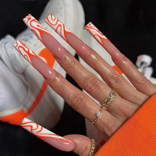 Long Press on Nails Coffin Fake Nails with Stripe Designs Acrylic Ballerina Glue on Nails Glossy Stick on Nails for Women