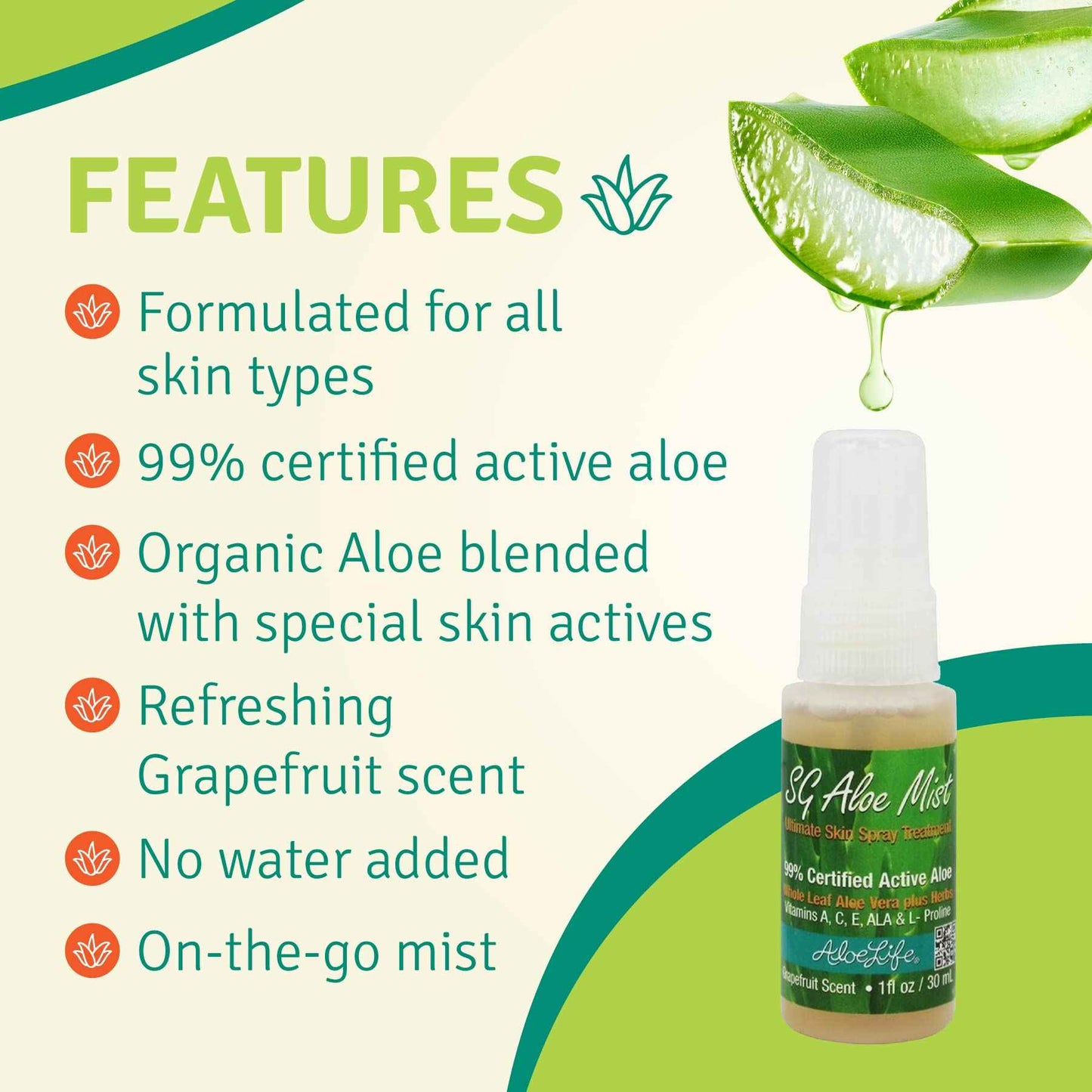 Aloe Life SG Aloe Mist Gel - Topical Skin Conditioner, Whole Leaf Aloe Vera Juice Concentrate, Contains Special Skin Actives, Vitamin A, C, & E, Helps Hydrate & Condition Your Skin-Hair (Single, 4 oz)