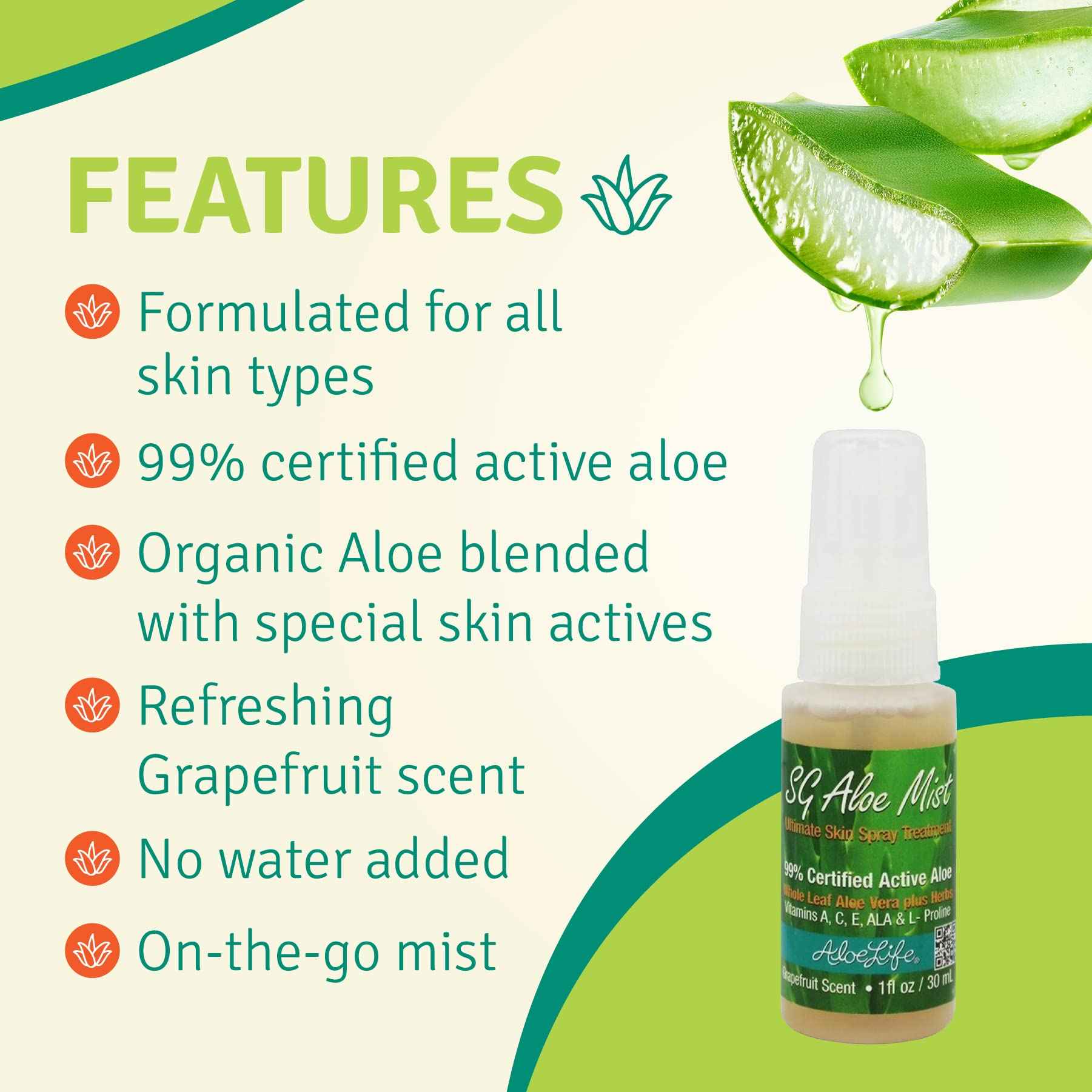 Aloe Life SG Aloe Mist Gel - Topical Skin Conditioner, Whole Leaf Aloe Vera Juice Concentrate, Contains Special Skin Actives, Vitamin A, C, & E, Helps Hydrate & Condition Your Skin-Hair (Single, 4 oz)
