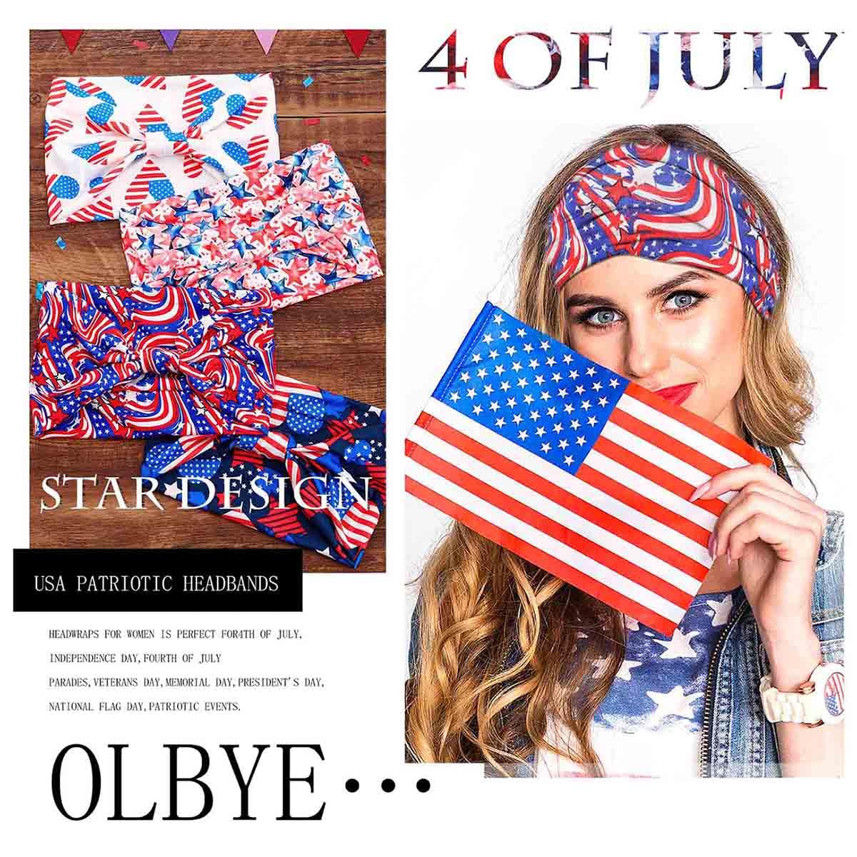 Olbye 4th of July Headband Patriotic American Flag Hairband USA Red White Blue Headbands Wide Knotted Head Band Stars Bandana Independence Day Hair Accessories for Women 4Pcs (Multicolor B, Wide)