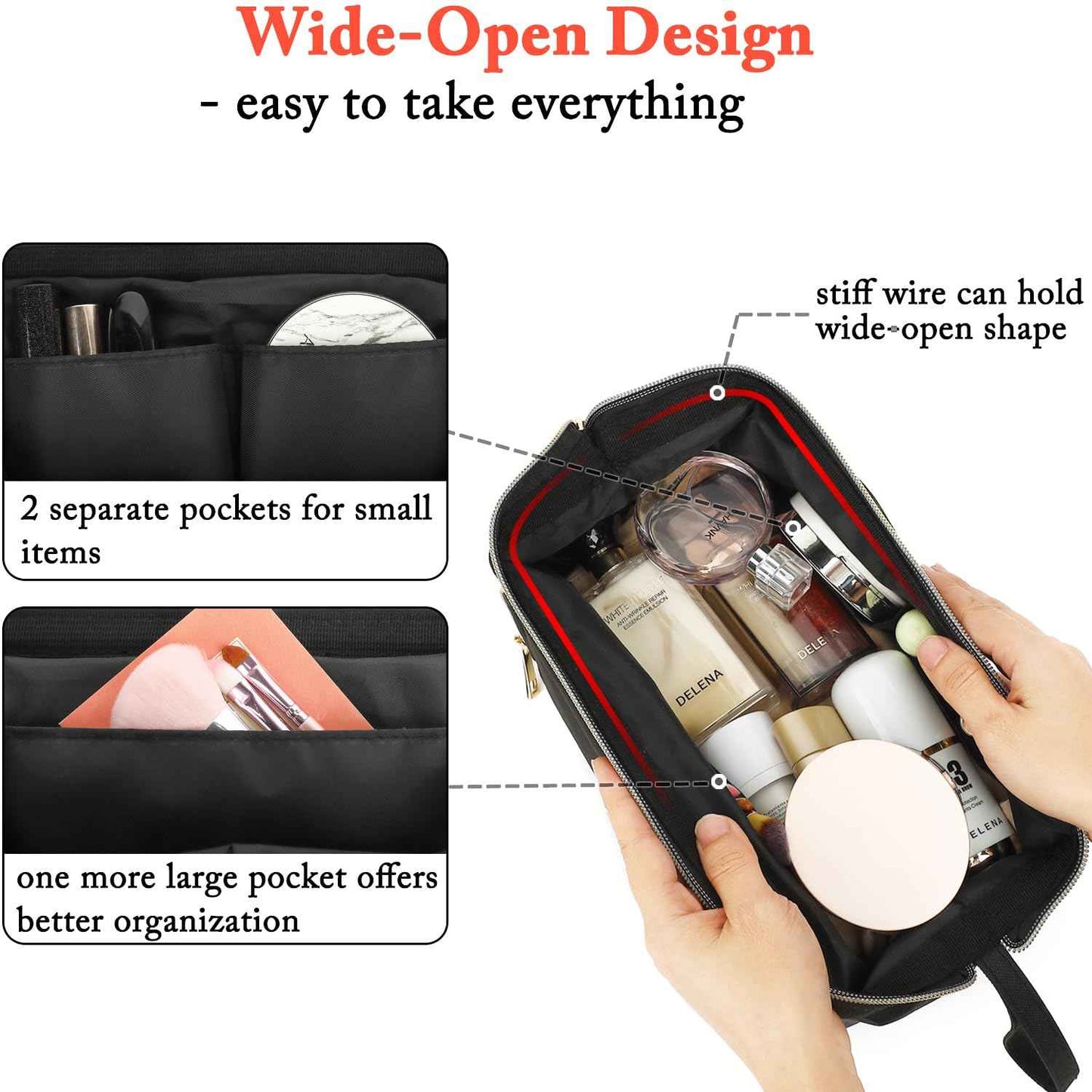 Fammart Travel Makeup Bag, Wide-open Cosmetic Bag Make Up Organizer Case with Brushes Pocket for Women, Large Family Toiletry Bag Skincare Pouch for Toiletries Accessories