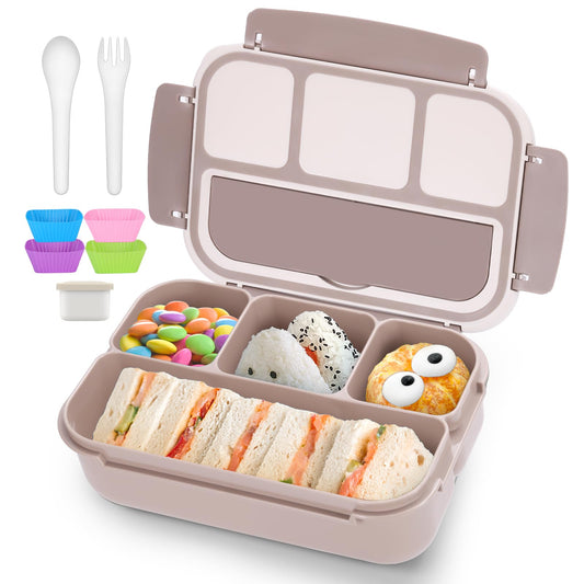 QQKO Bento Box Adult Lunch Box, Lunch Containers for Adults Men Women, Kids Lunch Boxes for School with 4 Compartments, Sauce Container, Utensils and Muffin Cups, Brown