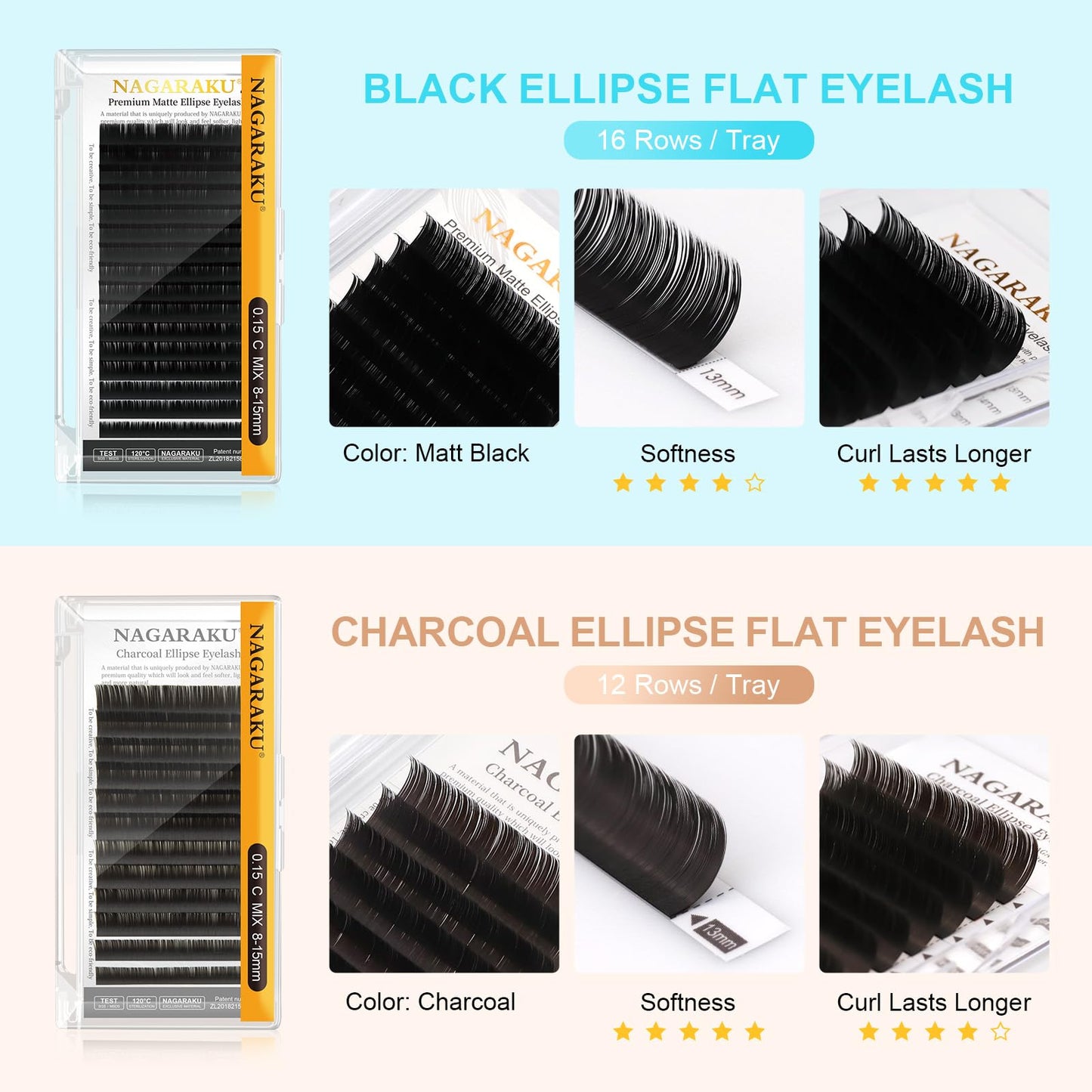 NAGARAKU Double Tips Ellipse Eyelash Extensions Lighter Thinner Split Tips Flat False Lashes 5 Trays in 1 Pack 0.20 C curl 11/12/13/14/15mm Soft Faux Mink Individual False Lash 16 Rows