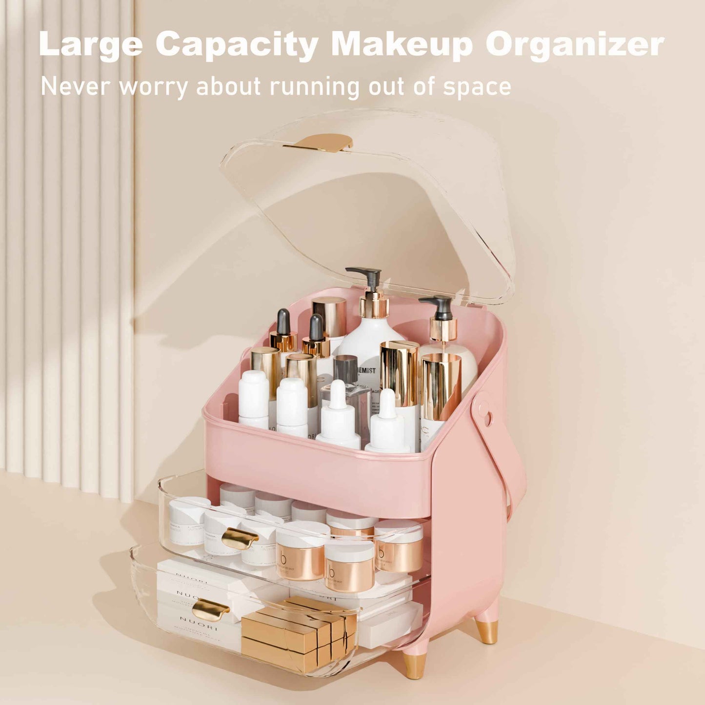 Makeup Organizer Countertop With Lid And Drawers Large Skin Care Cosmetic Display Case Holder for Vanity Desk Bathroom Storage Box,Pink