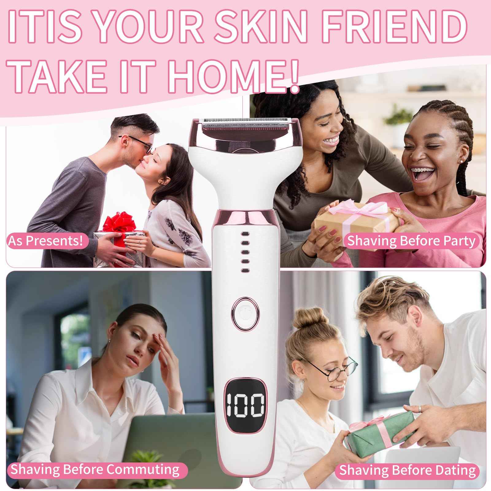 Beanify Wet & Dry Electric Razorfor Women Men,4 in 1 Rechargeable Led Display Electric Shaver and Facial Hair Remover,Painless Ladies Body Razors for Nose Face Body Leg Bikini Arm Hair