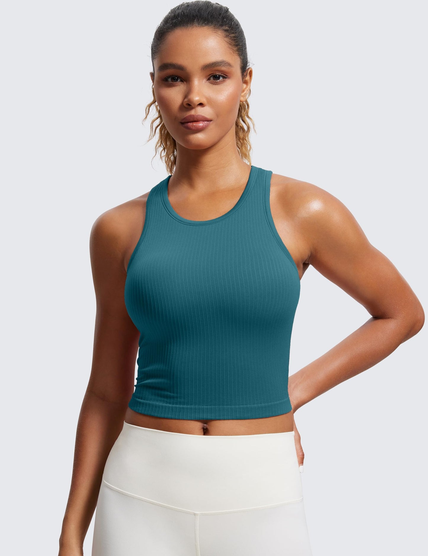 CRZ YOGA Womens Seamless Ribbed Longline High Neck Sports Bra - Racerback Padded Slim Fit Crop Tank Top with Built in Bra Green Jade XX-Small