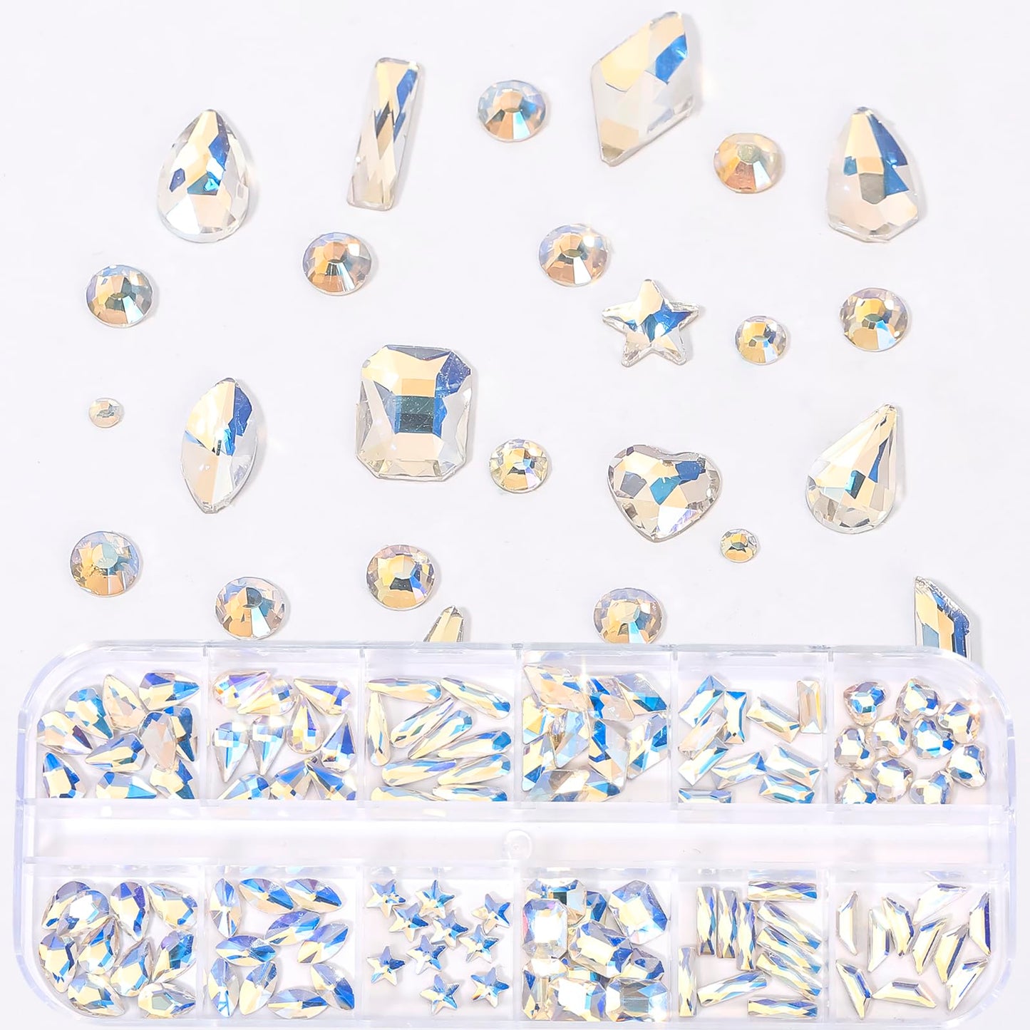 HNUIX Nail Rhinestones - 2920pcs 3D Multi Shape Size, Crystal Blue Moonlight Nail Gems, Flat Back, with Kit, for Nail Art, DIY Decorations