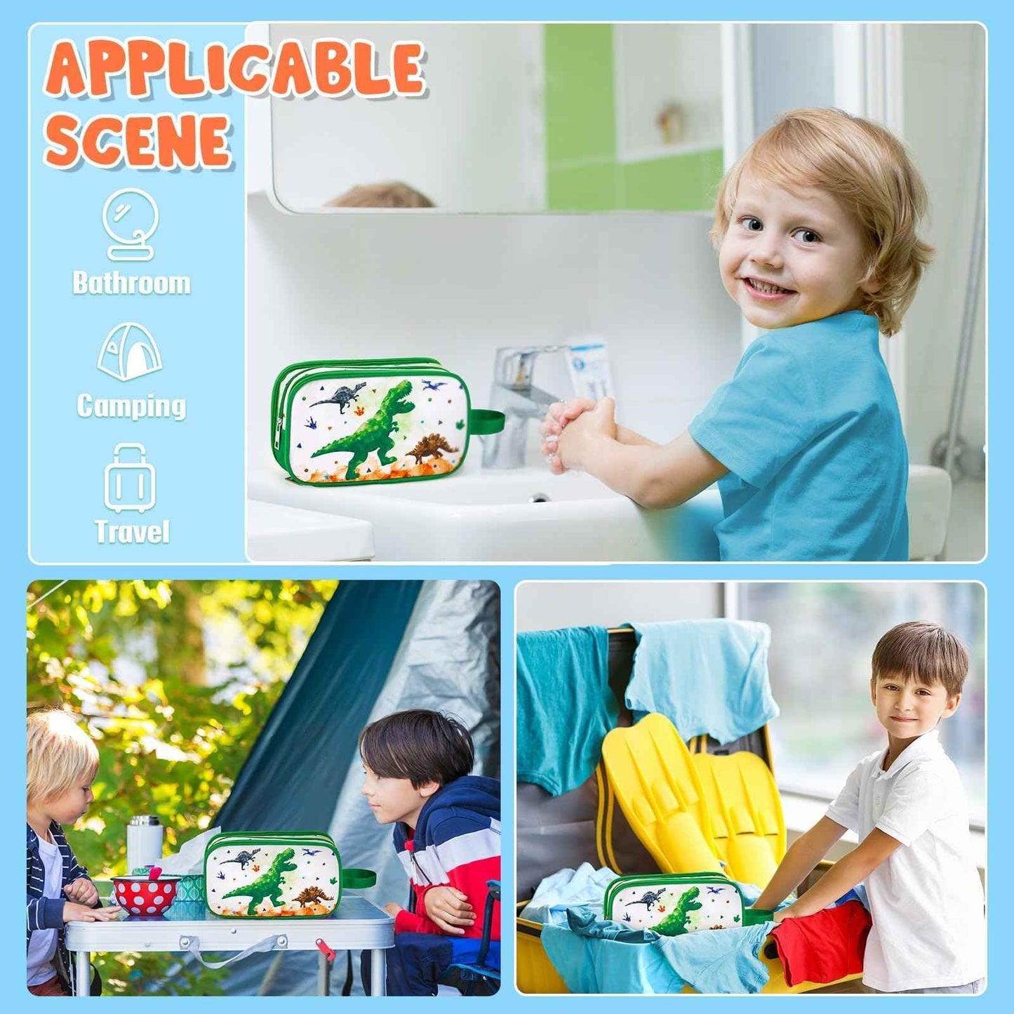 Dinosaur Toiletry Bag - Travel Toiletry Bag for Boys Kids Christmas Birthday Gift Toiletries Makeup Cosmetic Pouch Camping Traveling Toiletry Case Water-resistant Wash Bag Dopp Kit with Mesh Pocket