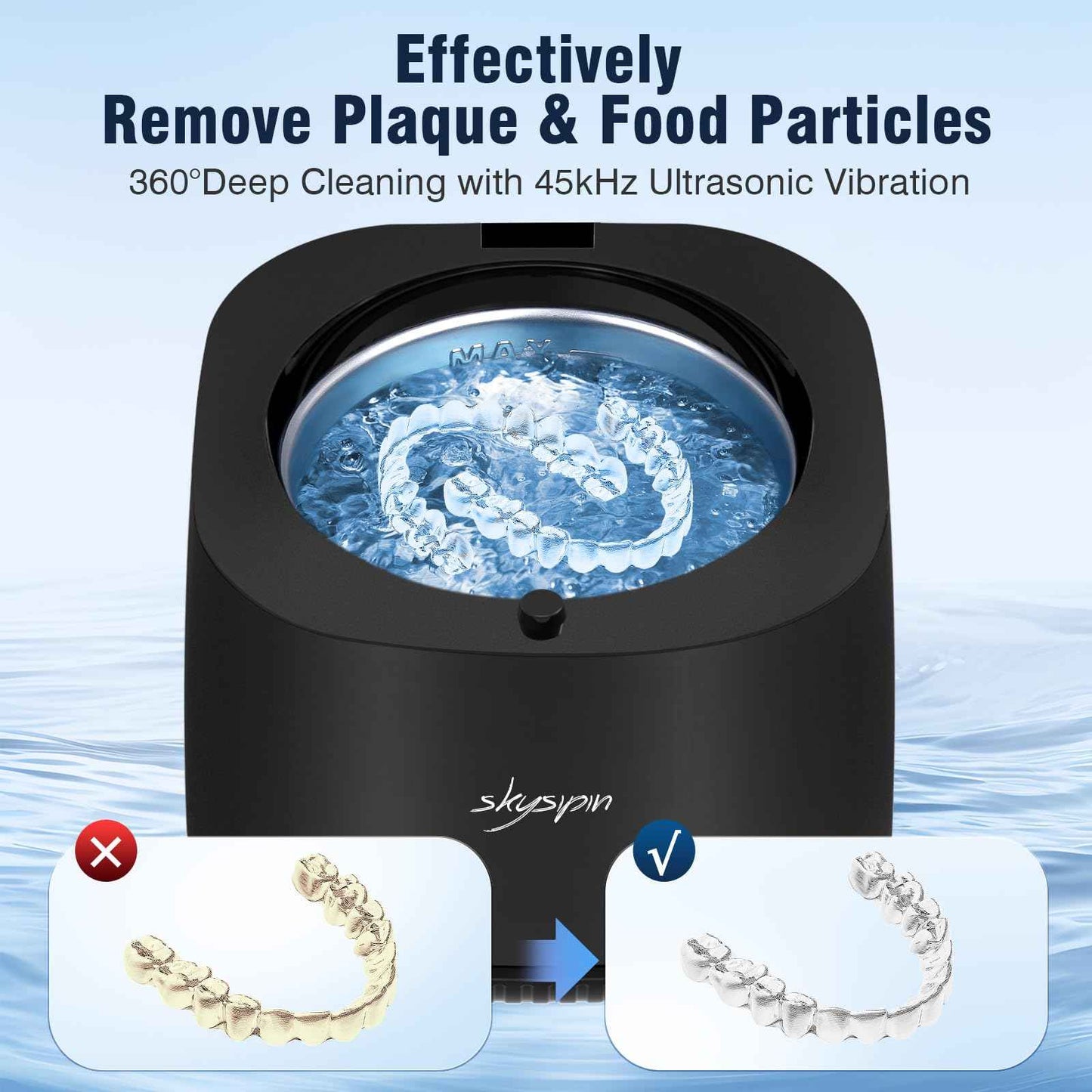 Skysipin Ultrasonic Retainer Cleaner Machine U-V, 45KHz 2 Modes Quiet, Denture Aligner Cleaner Mouth Guard Dental Cleaning Ultrasonic for All Dental Appliances, Jewelry 6.8oz Black