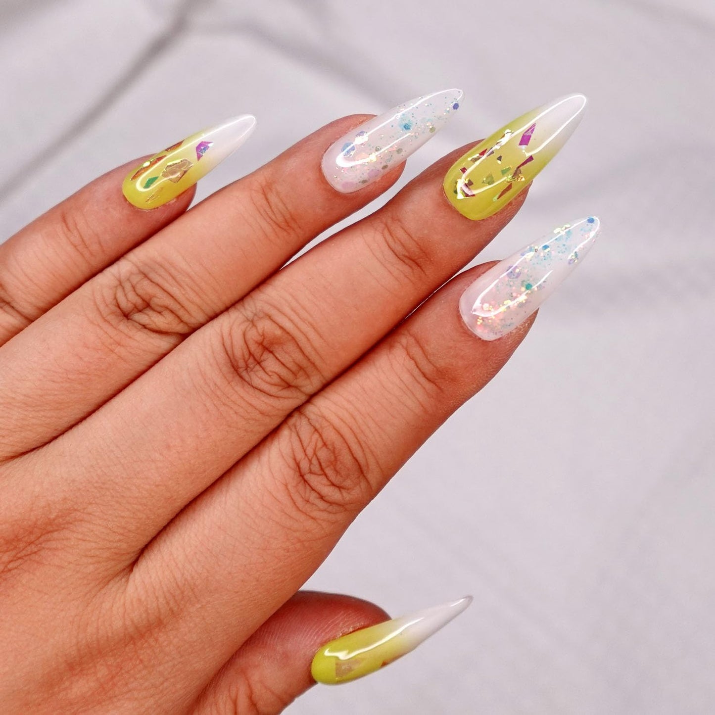 10 Pcs Handmade Press on Nails (X-Small, Iced Lime - French Ombre Lime Green and Shattered Glass Jelly White Glitter Mix Stiletto Nails) A117XS