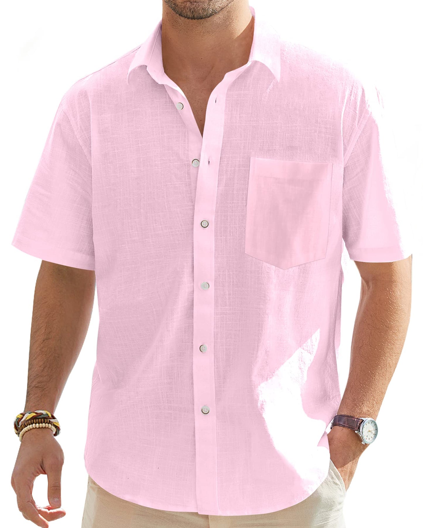 J.VER Men's Short Sleeve Linen Button Down Shirt Casual Beach Wedding Shirt with Pocket Light Pink Medium