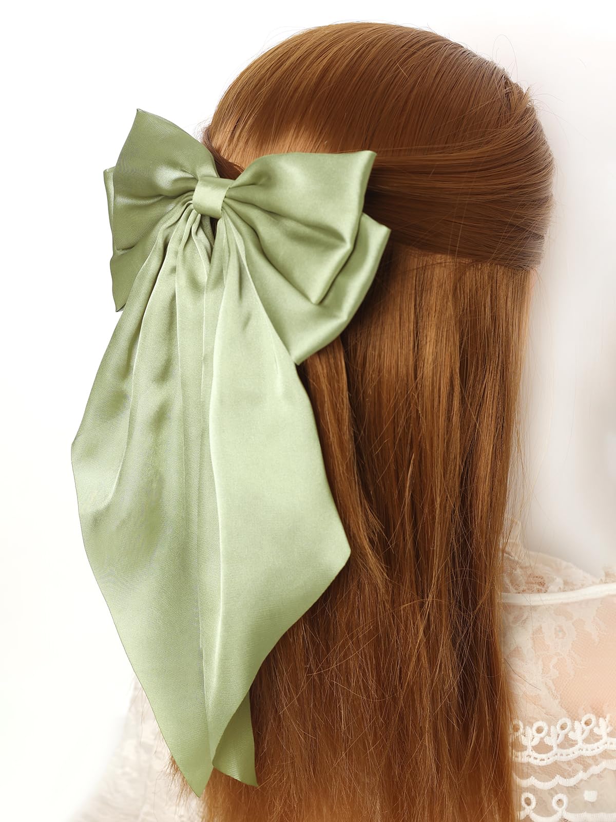 Furling Pompoms Hair Bows for Women - Pack of 2 Light Green Hair Bow Clips for Girls Satin Big Bows Long Tail Alligator Clip Ribbon Hair Barrette Hair Accessories for Bridal Bachelorette Party