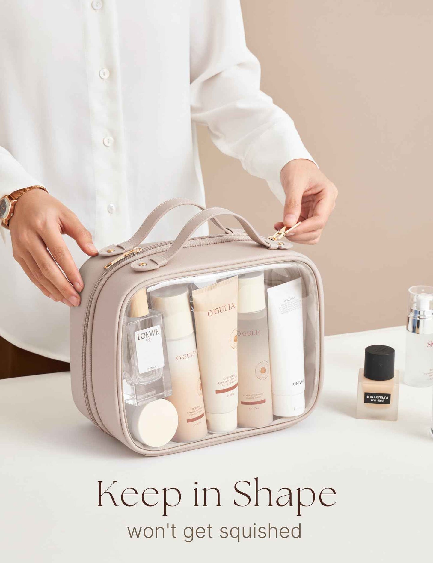 Oaque Clear Cosmetic Bag Double Layer Travel Toiletry Bag Clear Makeup Bag Case with 4 Compartments, Transparent Travel Bag for Toiletries, Large Toiletry Bag for Women Cosmetic Case (Taupe, Large)