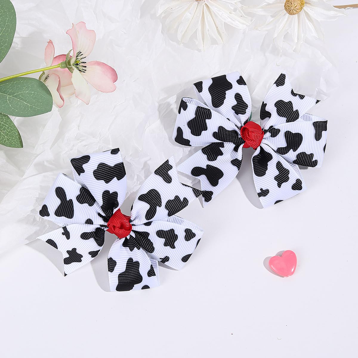 Cow Stria Cheerleading Cow Print Jumbo Bow Ponytail Holder with Bowknot Hair Clip - PHB11