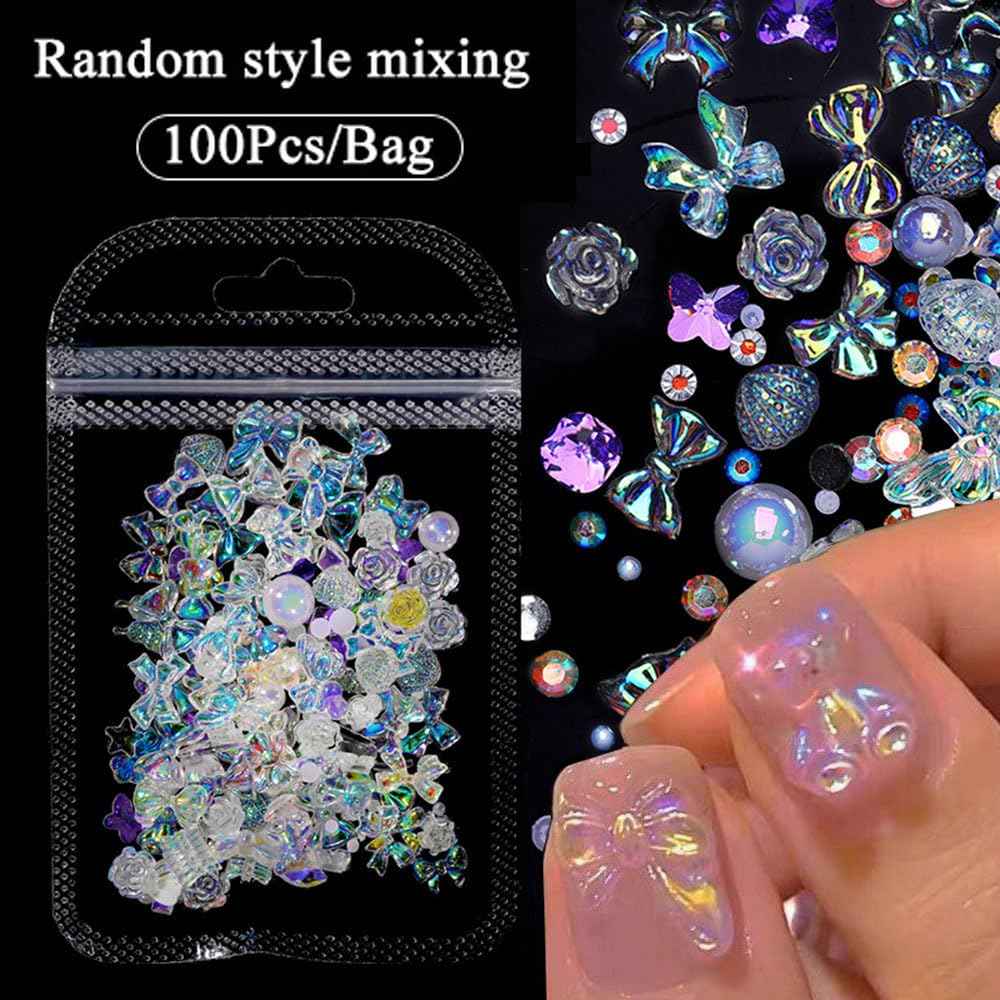 100pcs Mix Shapes Aurora Nail Art Charms - Camellia Bow, Resin Flower, Butterfly, Kawaii Bear, Moon, Heart Nail Charms