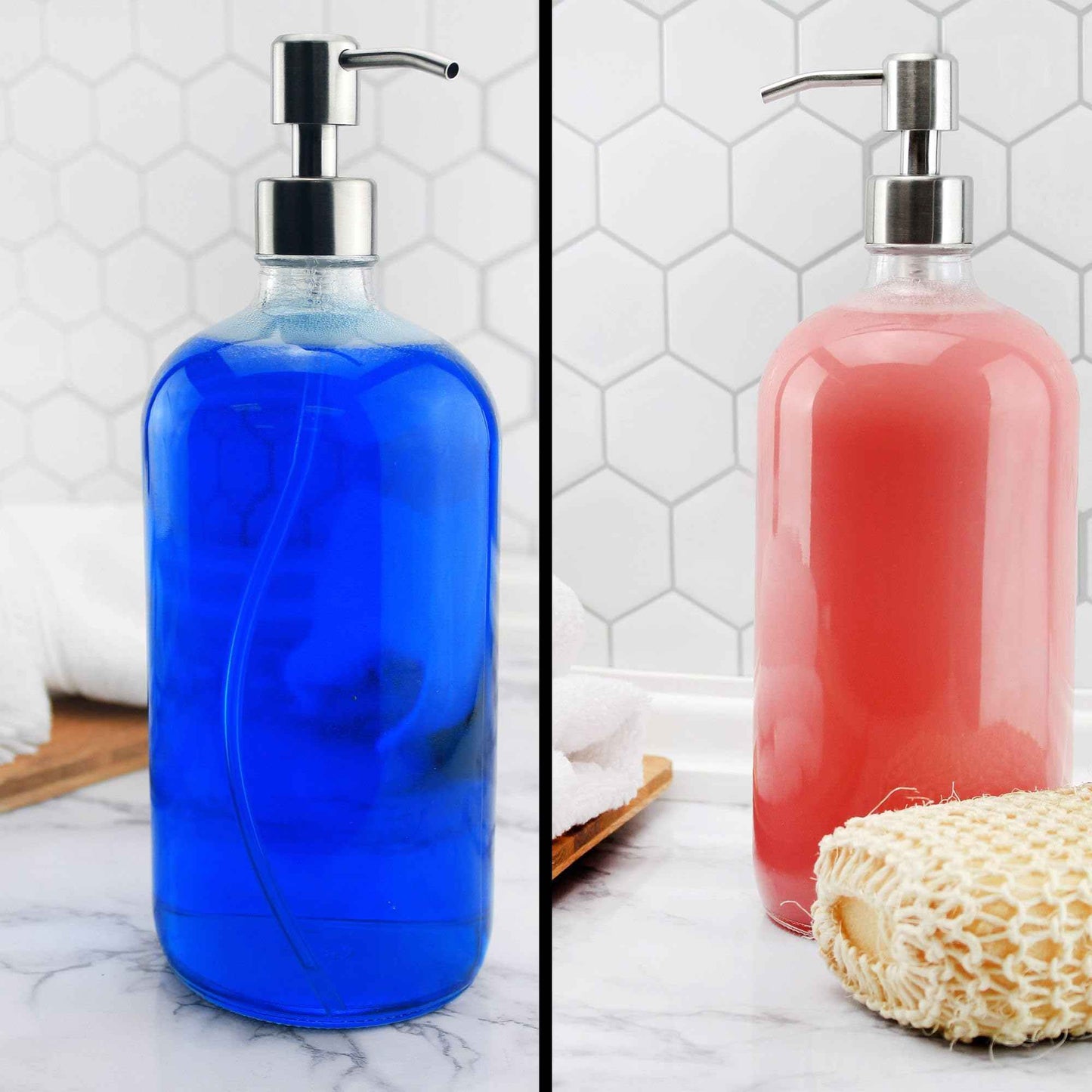 Cornucopia Brands 32oz Glass Pump Bottles w/Stainless Steel Pump (2-Pack, Clear); Economy Size Soap Dispenser for Massage Oils, Lotions, Liquid Soaps