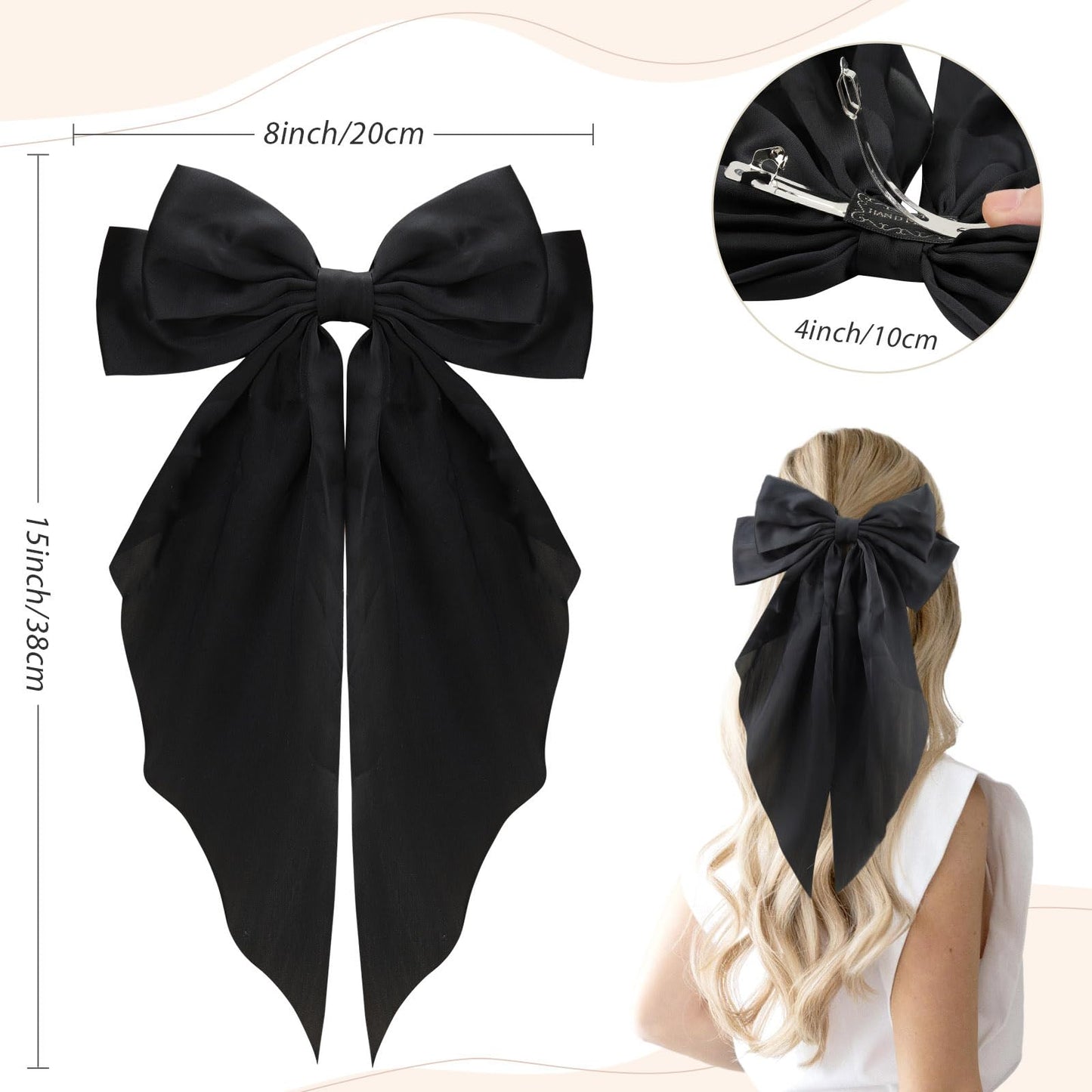 2Pcs Big Satin Layered Hair Bows for Women Girls 8 Inch Barrette Hair Clip Black White Large Long Bows French Style Hair Accessories (Black+White (satin))