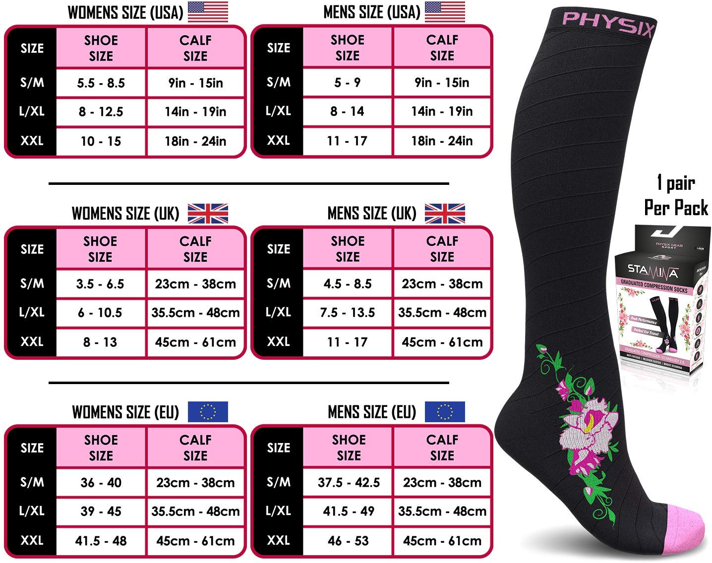 Physix Gear Compression Socks 20-30 mmHg - Men & Women - Running, Nurses, Shin Splints, Flight, Travel (BLACK / PINK FLOWER-L/XL)