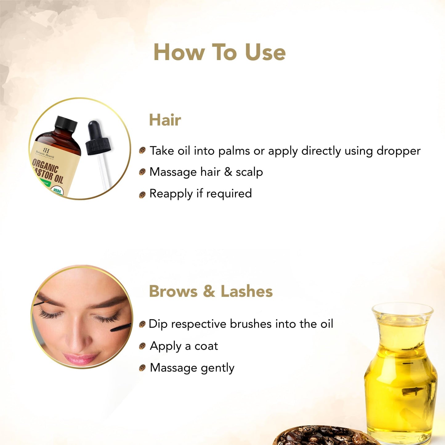 Botanic Hearth Castor Oil | USDA Certified Organic |100% Pure & Hexane Free | Cold Pressed | Growth for Eyelashes, Eyebrows, Hair | With Eyebrow & Eyelash Brush | (Glass Bottle 2fl oz)