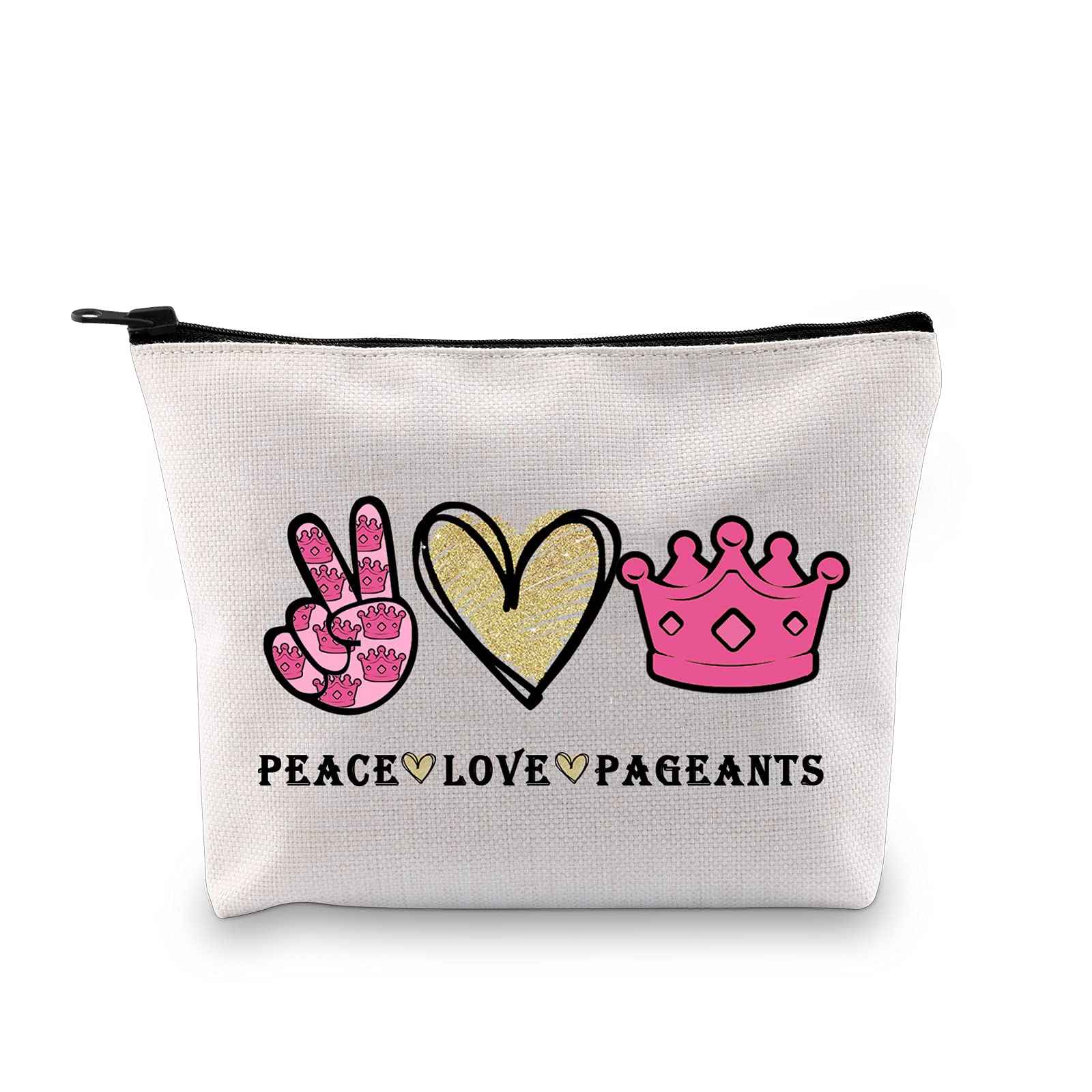 JXGZSO Pageant Queen Gift Beauty Pageant Gift Pageant Crown Cosmetic Bag Peace Love Pageant Makeup Pouch Pageant Zipper Bag