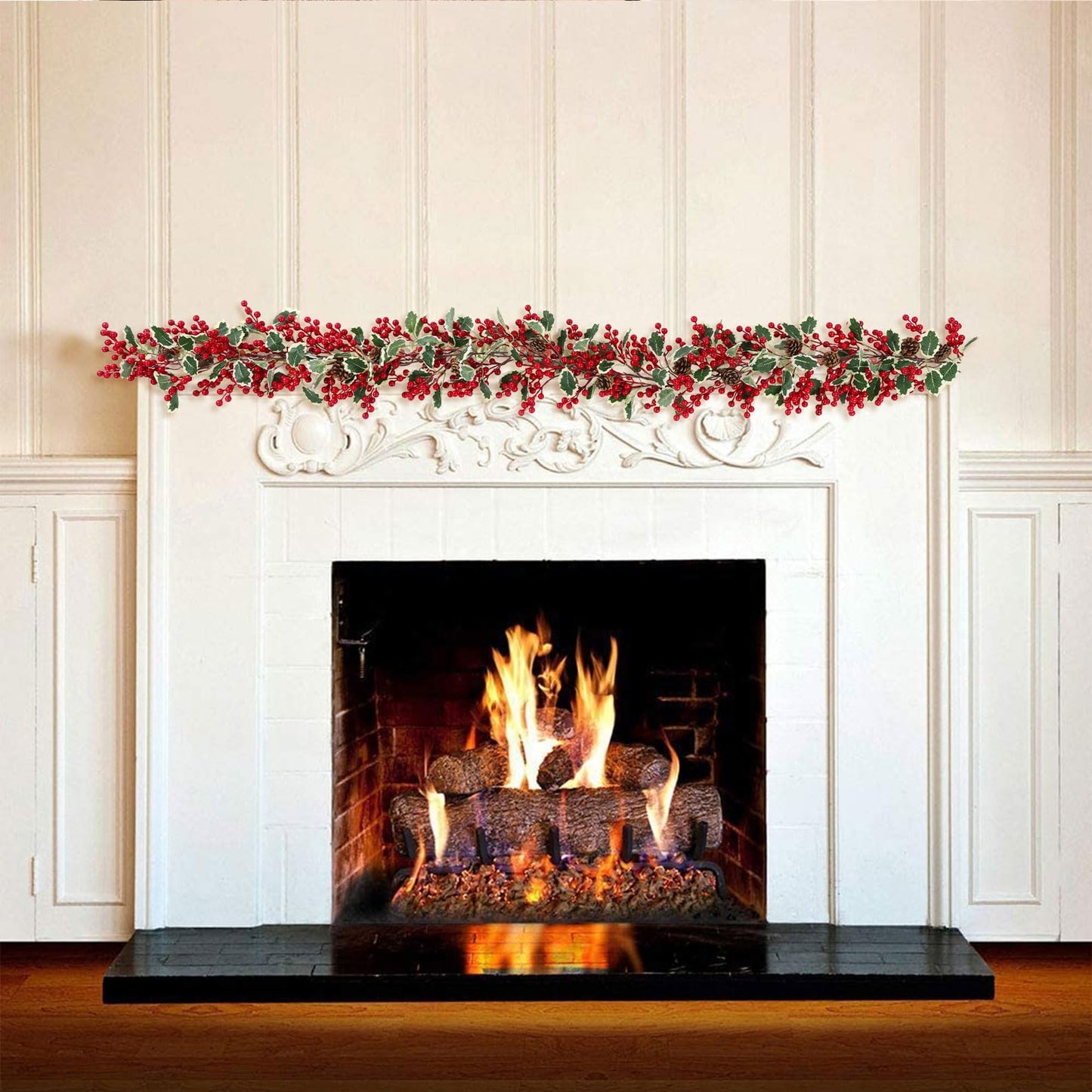 U'Artlines Total 12.4Ft Christmas Garland 2PCS Artificial Holiday Hanging Garlands Christmas Vine with Red Berries Pinecone for Stairs Wall Fireplace Mantel Indoor Outdoor Decor