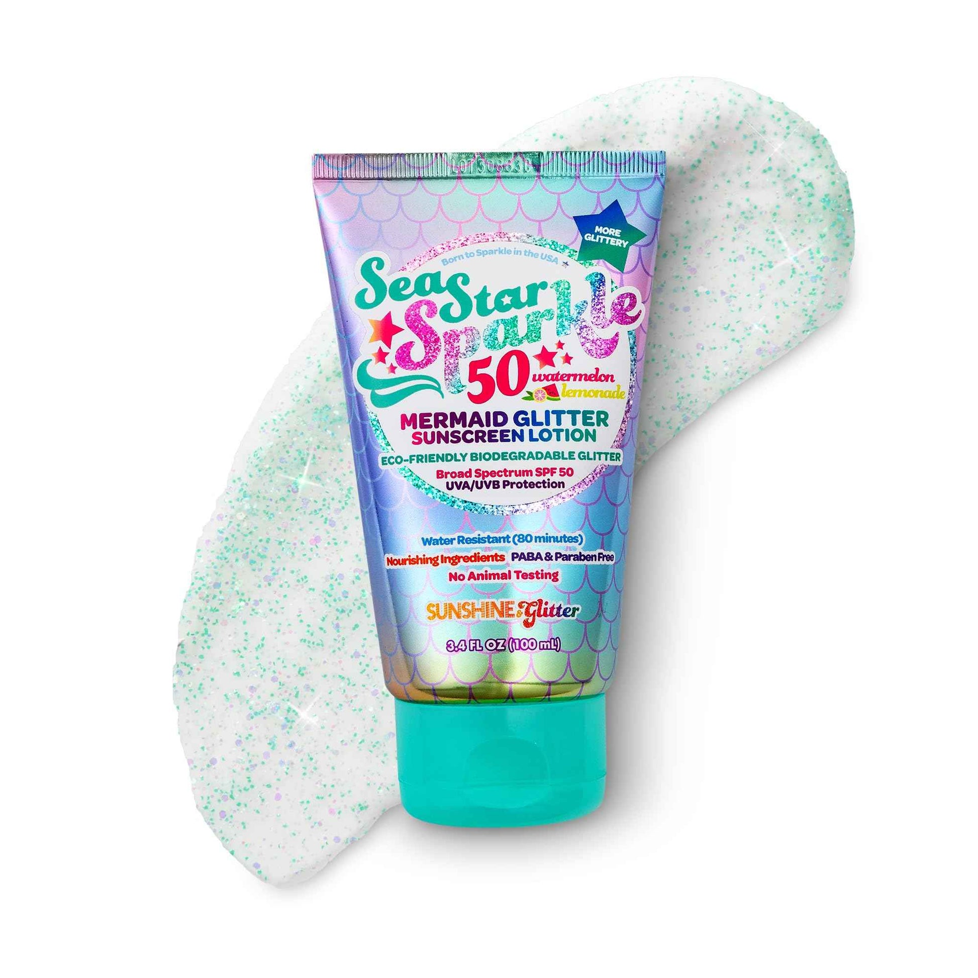 NEW! SUNSHINE & Glitter- Seastar Sparkle - Mermaid Watermelon Lemonade Scented Sunscreen lotion - SPF 50 - Biodegradable Glitter Sunscreen, Water Resistant, Cruelty Free, Kid Safe, Made in USA, 3.4oz