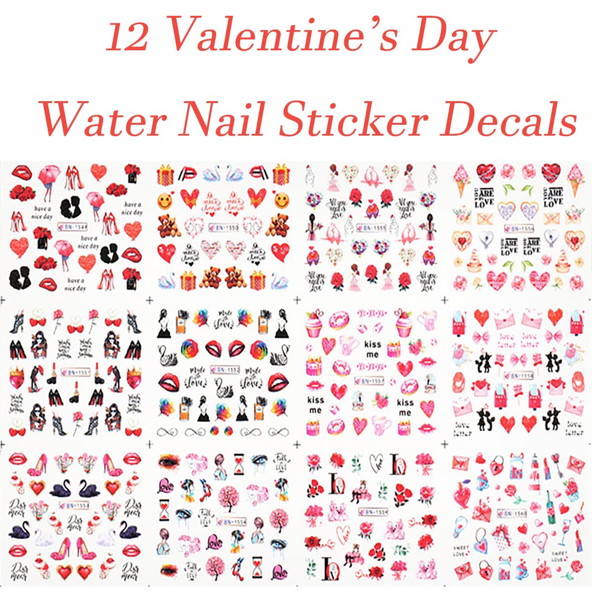 12 Sheets Valentine's Day Nail Stickers Water Transfer DIY Self-Adhesive Nail Stickers Heart Rose Love Sexy Lips Lipstick Valentines Nail Art Tattoo Stickers Nail Decoration for Women Girls