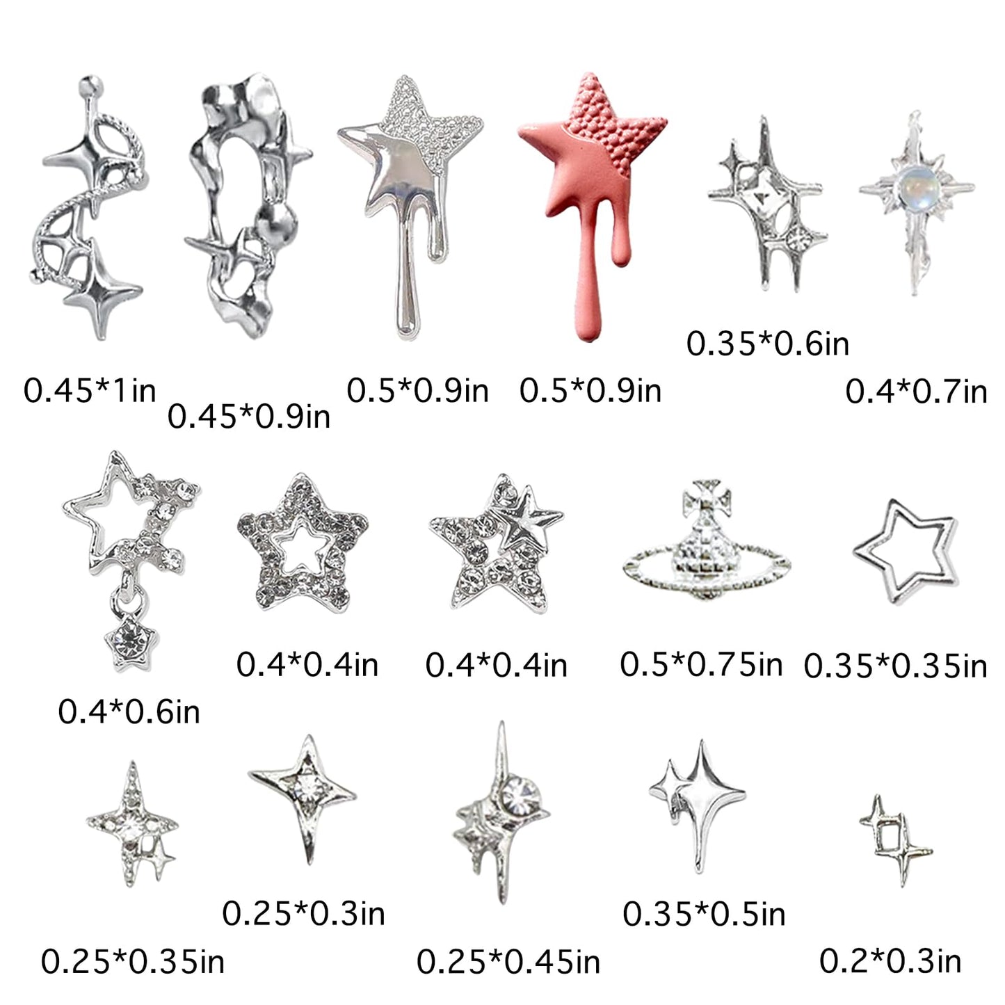 XIYONALI 124PCS Star 3D Nail Charms for Acrylic Nails, Silver Nail Gems Alloy Starburst Nail Accessories, Nail Rhinestones for Nail Art Supplies Manicure Craft DIY