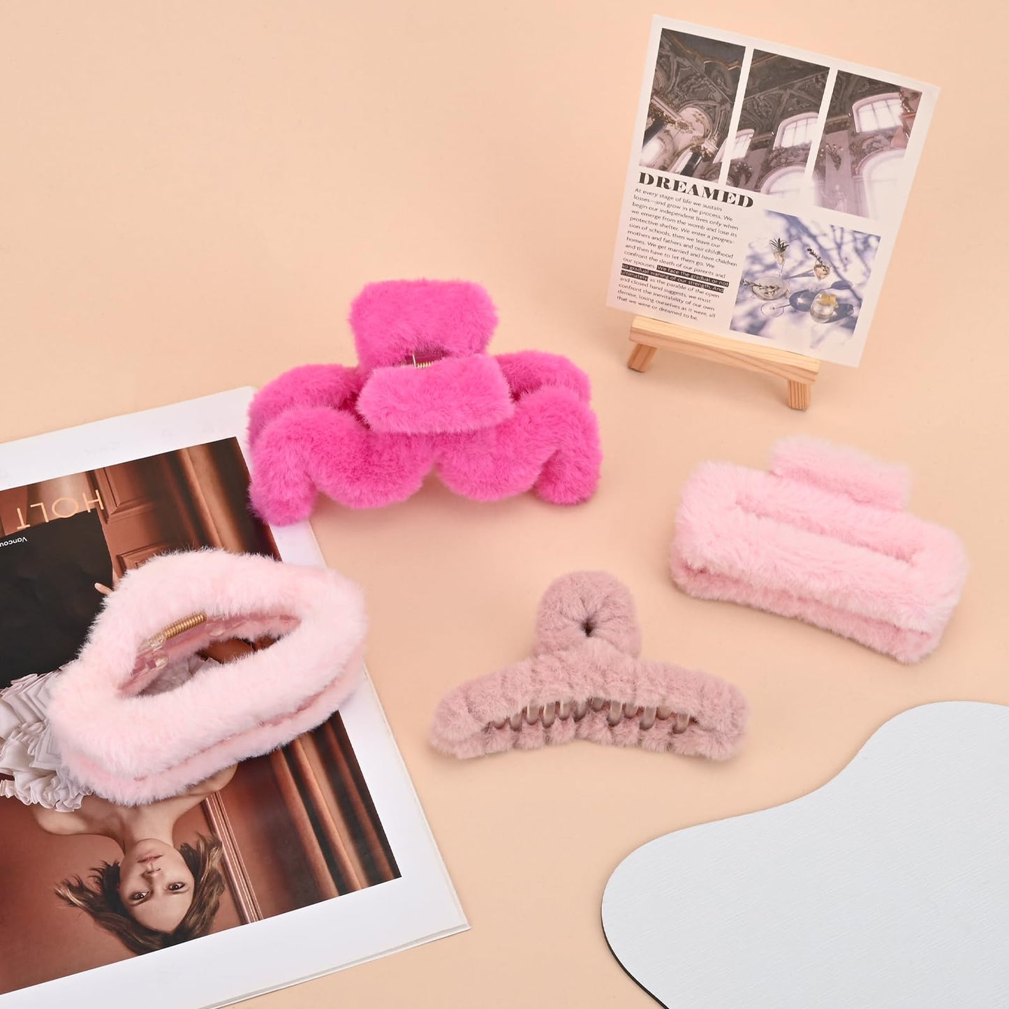 Yonchic 4-Piece Faux Fur Hair Accessories, Different Shapes, Strong Hold Non-Slip Clips for Thin/Medium Thick Hair (Pink)