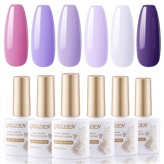 Gellen Gel Nail Polish Set 6 Colors Light/Dark Royal Purple Pink Gel Polish Serene Lavender Soak off Nail Lamp Gel Polish Spring Violet Orchid Gel Polish Kit DIY Manicure Set for Girl Popular Gift