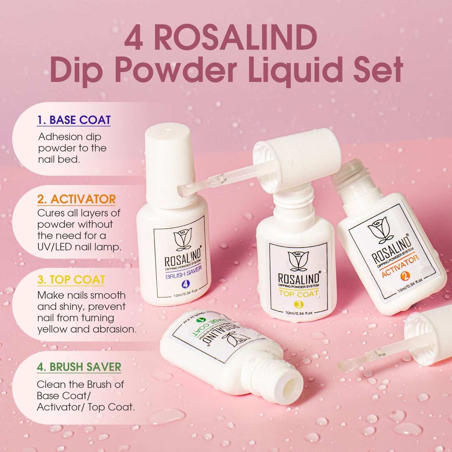 ROSALIND 13PCS Dip Nails Powder Starter Kit, Dip Powder Nail Kit 6 Colors Nail Dip Powder Nail Kit with Base & Top Coat, Brush Restorer and Activator Air Drying