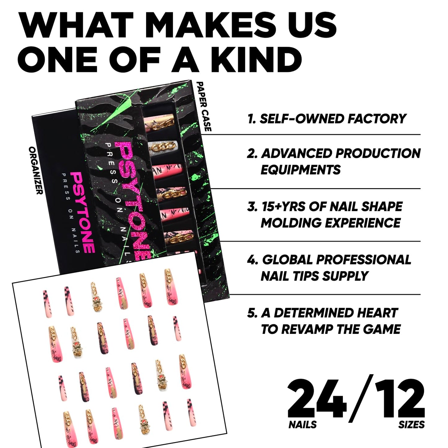 PSYTONE Press On Nails Long Coffin Fake Nails with Glue, 24Pcs Nail Kit-12 Sizes Runway Nails(Aphrodisivibe)