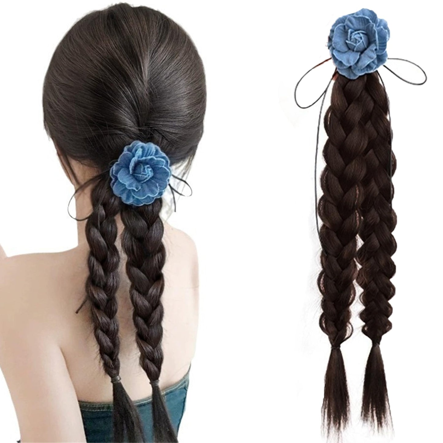 Braided Ponytails Rose Flower Braided Hair Extensions Synthetic Braid Wig with Elastic Hair Band Hairpieces for Women Girls 17.7 Inches Brown Black