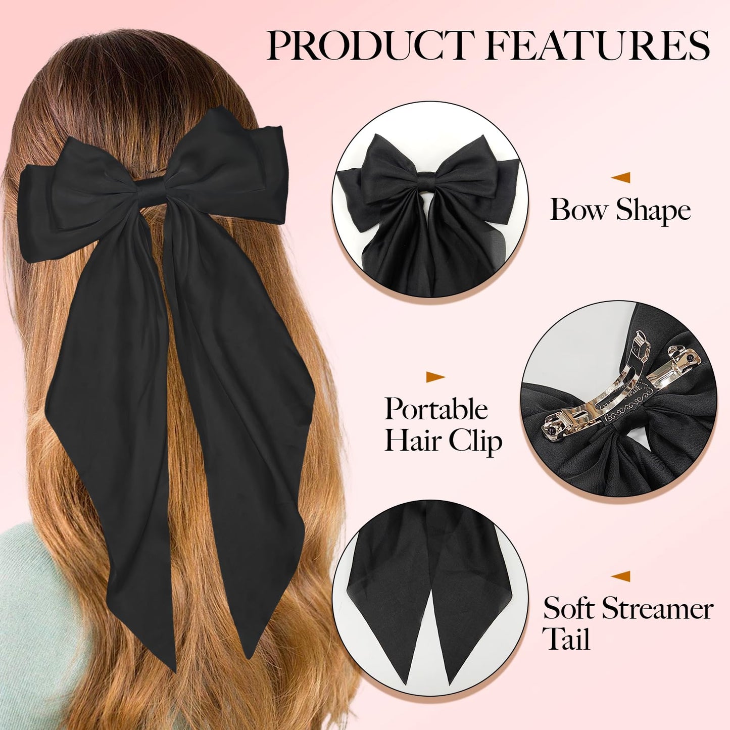 LSxia 4PCS Hair Bows for Women, [Black & White & Beige White & Wine Red] Hair Bows for Hair, Big Silky Satin Hair Bow Hair Ribbons, Bow Hair Clips Bow Clips for Women, Cute Hair Accessories (Set G)