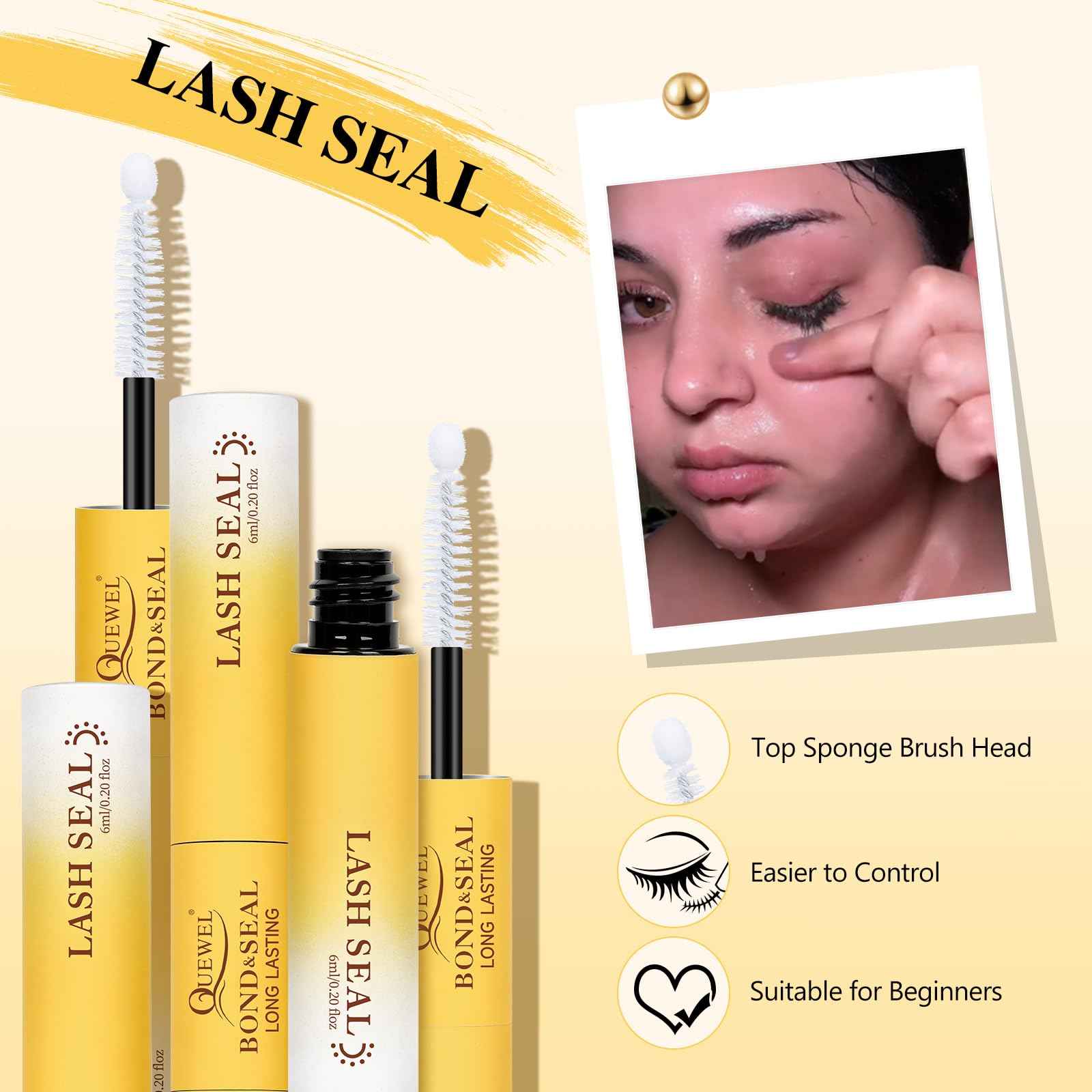 QUEWEL Lash Bond and Seal Lash Glue for Eyelash Clusters,12ml Super Strong Hold Lash Cluster Glue Bond and Seal Waterproof for DIY Lash Extensions Easy to Use at Home (6ml Black Bond+6ml Clear Seal)