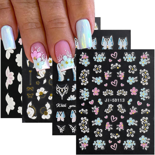 Fcozpjk Acrylic Flowers for Nails 4 Sheets 5D Embossed Floral Nail Decals Colorful Flowers Nail Stickers, Gold Strip Lines Swirls French Tip Nail Stickers, Daisy Butterfly Stickers Pegatinas Uñas