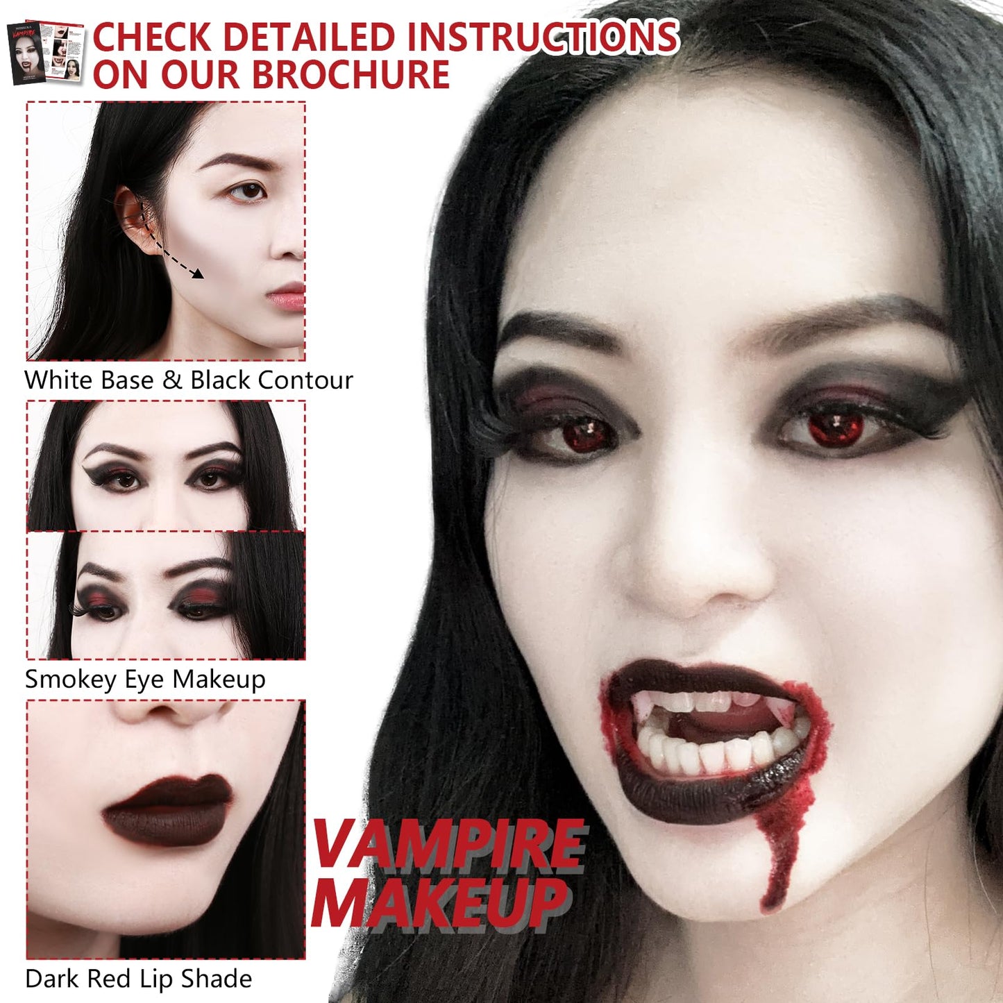 Halloween Vampire Makeup Kit, Complete Vampire SFX Make Up Set with Vampire Teeth Fangs, Fake Blood and White Foundation for Cosplay, Costume Party, Stage, Movies & Theater