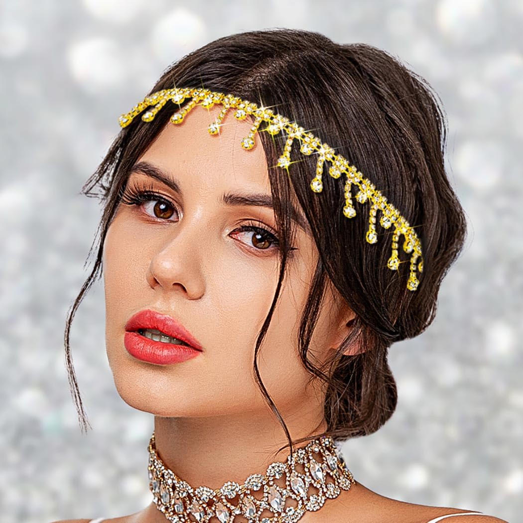 Yokawe Rhinestone Headband Crystal Head Chain Elastic Boho Sparkle Tassel Headpieces for Women (Gold A)