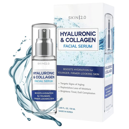 Skin 2.0 Hyaluronic Acid and Collagen Face Serum - Dermatologist Tested - Locks in Moisture, Skin Tightening, Anti-aging, Hydrating Facial Serum - Korean Skin Care - All Skin Types - 1.69 Fl. oz