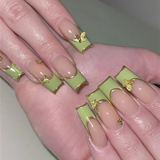 BABALAL French Tip Press on Nails Long Square Fake Nails Green Glue on Nails Golden Chrome Design 3d Butterfly Charm Acrylic Nails 24Pcs Squoval Manicure False Nails