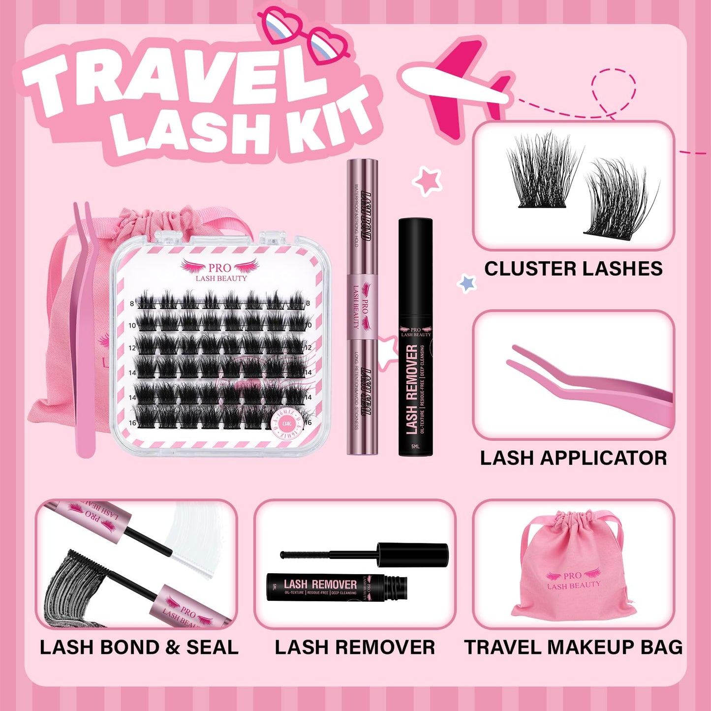 DIY Lash Extension Kit for Travel Lash Clusters Kit with 48 Pcs Lash Clusters Lash Bond and Seal Lash Remover Eyelash Applicator DIY Lash Travel Kit Convenient for Use Anywhere(Chic Kit)