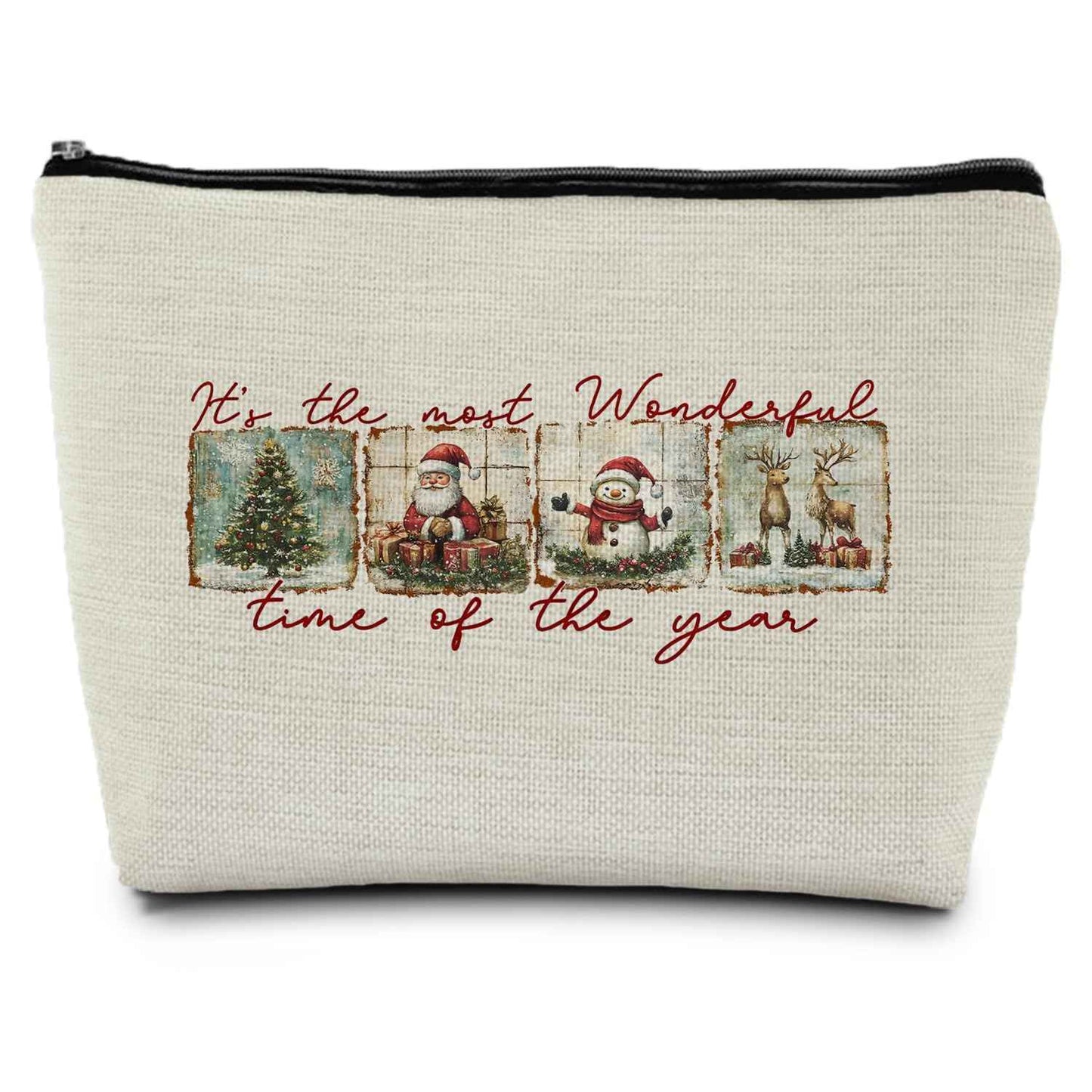 ignytiger Christmas Makeup Bag, Christmas Santa Gifts Cosmetic Bags for Women, Winter Holiday Santa Snowman Reindeer Xmas Tree Canvas Makeup Pounch Zipper Pouches for Purse