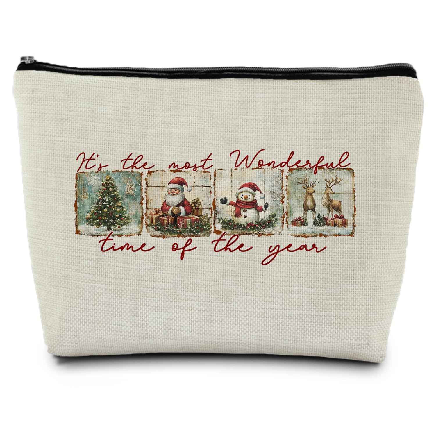 ignytiger Christmas Makeup Bag, Christmas Santa Gifts Cosmetic Bags for Women, Winter Holiday Santa Snowman Reindeer Xmas Tree Canvas Makeup Pounch Zipper Pouches for Purse