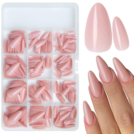 LoveOurHome 360pc Almond Press on Nails Medium Fake Nails Full Cover Glue on Almond Nail Tips Colored Fase Nail Nude Pink Acrylic Nails Press ons Nail Almond with Glue Adhesive Tabs for Women Girls