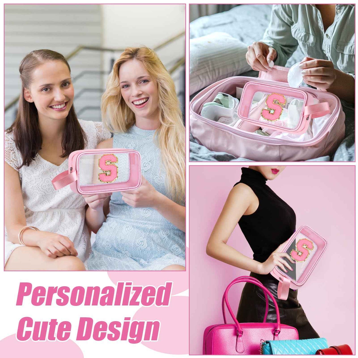 Vodolo Initial Makeup Bag,Letter S Cute Clear Monogrammed Cosmetic Travel Bag for Womens Girls,Personalized Pink Aesthetic Traveling Make Up Organizer Bag for Beach,Waterproof Toiletry Bag