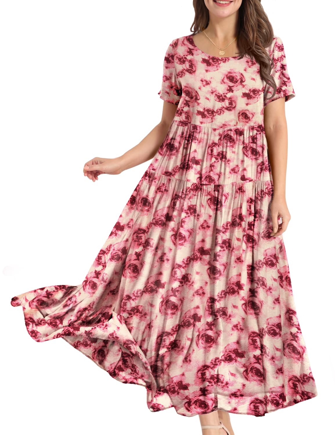 YESNO Women Casual Loose Bohemian Floral Dress with Pockets Short Sleeve Long Maxi Summer Beach Swing Dress S EJF CR406R